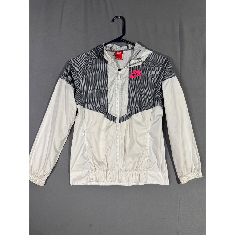 Nike Kids Windbreaker Jacket‎ Hooded White Black Pink Logo Zip Up Lightweight